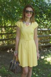 Yellow dress and Louis Vuitton Speedy 25