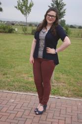 Burgundy jeans and (another) striped tee...