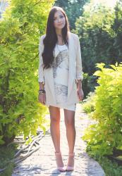 It was a white crane // Owl Dress, Boyfriend Blazer, Pink Strappy Heels