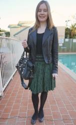 Leather Jacket, Black Tee, Pleated Skirt, Balenciaga Part Time | Stripes, Skulls and Polka Dots, Marc By Marc Jacobs Hillier Hobo Bag