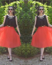 Coral Pleated Skirt / Floaty Crop Top / Jewel and Pearl Necklace
