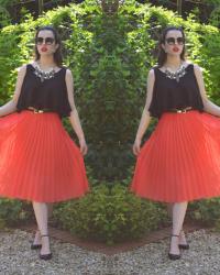 Coral Pleated Skirt / Floaty Crop Top / Jewel and Pearl Necklace
