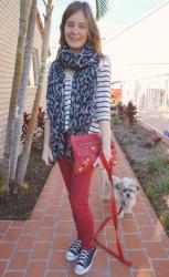 Leopard Print, Stripes, Red Jeans, Balenciaga Clutch | Knit, Skinnies, Boots, LV Speedy