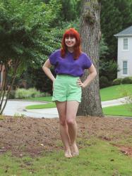 Ariel Inspired Outfit: Purple Top, Green Shorts, & Very Red Hair