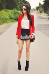 red blazer & printed shorts