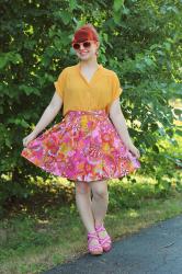 A Super Colorful Tropical Print Skirt, Yellow Top, & Pink Wedges