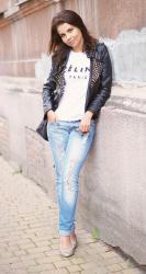 CASUAL FRIDAY |STUDDED LEATHER JACKET & RIPPED DENIM JEANS & CELINE T-SHIRT