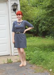 Navy Striped Dress, Spiky Shoes, and a Bouffant