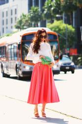 Peachy Summer: Turtleneck Silk Shirt + Full Midi Skirt