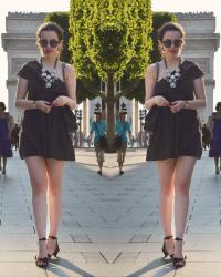 Paris Outfit : Ruffle Shoulder Dress / Pink and Mint Jewel Necklace