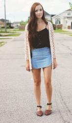 my heart is under arrest again // Daisy Crochet Cardigan, Goodnight Macaroon Denim Skirt, Choies Flats