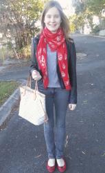 Casual Friday: Leather Jacket, Skinnies, Red Accessories, LV NF |  Grey Tee, Pink Leopard Print, Mulberry Alexa Bag