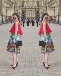 Paris Outfit : Forrest Floor Skirt / Layered Top / Blue Jewel Necklace