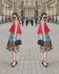 Paris Outfit : Forrest Floor Skirt / Layered Top / Blue Jewel Necklace