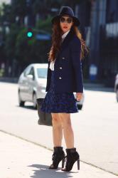 City Chic: Navy Blazer + Print Skirt + Fedora Hat