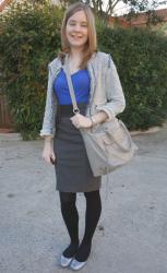 Zara Cardi, Blue Tee, Pencil Skirt, RM mini MAB | Casual Friday Leather Jacket, Jeans, Stripes, LV NF