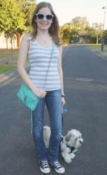 Stripe Tank, Jeans, Chucks, RM Mini MAC | Asos Leopard Print Dress, Pistol Boots, Balenciaga Envelope Clutch