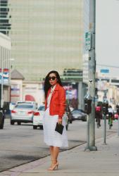 Contrast Mix: Red Leather Jacket + Creamy Linen Skirt