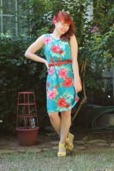 Hawaiian Print Dress with Parrot Earrings and Yellow Wedges