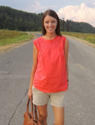 coral top and nude shorts