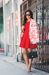 Old and New: Floral Blazer and Red Skater Dress