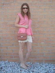 Coral Peplum Top + Lace Shorts