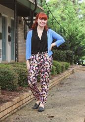 Floral Pants with Studded Loafers and a Blue Cardigan