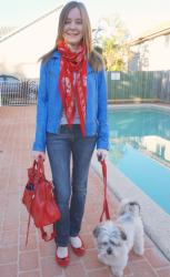 Black and White Office Outfit, Pink Skull Scarf | Casual Friday Jeans, Red Accessories, Balenciaga Velo