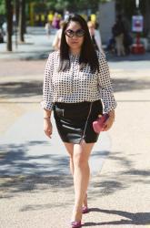 Printed Black Squares Blouse and Pink Crocodile Clutch