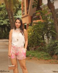 Fashion Trend Printed Sillk Shorts | Metallic wedge shoes