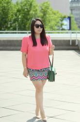 Printed Skirt and Green Crocodile Shoulder Bag