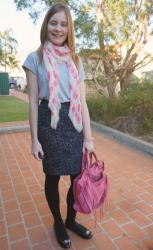 Grey Tee, Jacquard Pencil Skirt, Pink Accessories, Skull Scarf | Lace Dress, Balenciaga Rouille Work