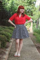 Pleated Polka Dot Skirt, Red Blouse, & Silver Sandals