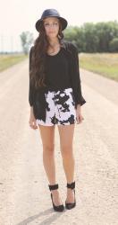 Cow // Cow Print Shorts, Wide Brimmed Hat, Park Avenue Heels