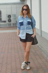 PATCHWORK JEANS SHIRT & LEATHER SHORTS