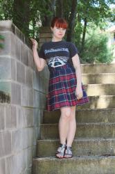 Vintage Blue Oyster Cult T-shirt and a Pleated Plaid Skirt