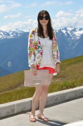 FLORAL BLAZER WITH CORAL SHORTS AND NUDE ACCESSORIES 
