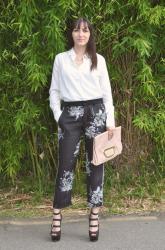 FLORAL PAJAMA TROUSERS AND WHITE BLOUSE