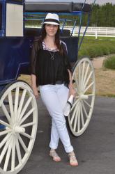 WHITE FEDORA WITH WHITE JEANS AND CRYSTAL FLATS