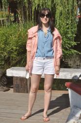 CORAL JACKET, DENIM SHORTS, AND ROSE GOLD ACCESSORIES 
