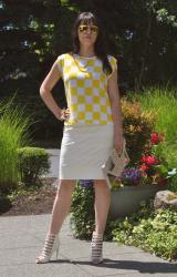 Yellow checkered top and white pencil skirt 