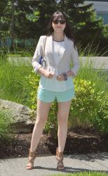 Pleated blouse and mint drawstring shorts