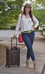 White blouse, jeans, and lace up wedges (ready for travel)