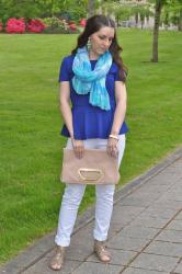Blue peplum top, white jeans, and turquoise scarf