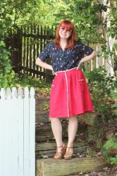 Sailboat Shirt, Red Linen Skirt, & Red Wayfarers