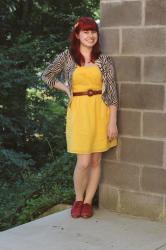 Yellow Dress, Zebra Print Cardigan, & Red Oxfords