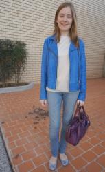 Casual Friday: Blue Leather Jacket, Skinny Jeans and a Tee, Balenciaga Sapphire City Bag