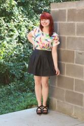 Neon Feather Print Shirt, A Leather Skater Skirt, & Edgy Accessories