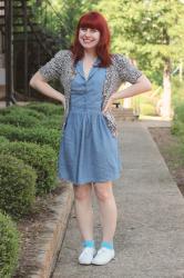 Airplane Pin with a Denim Dress, Leopard Cardigan, & Keds