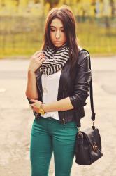 Green pants & striped scarf